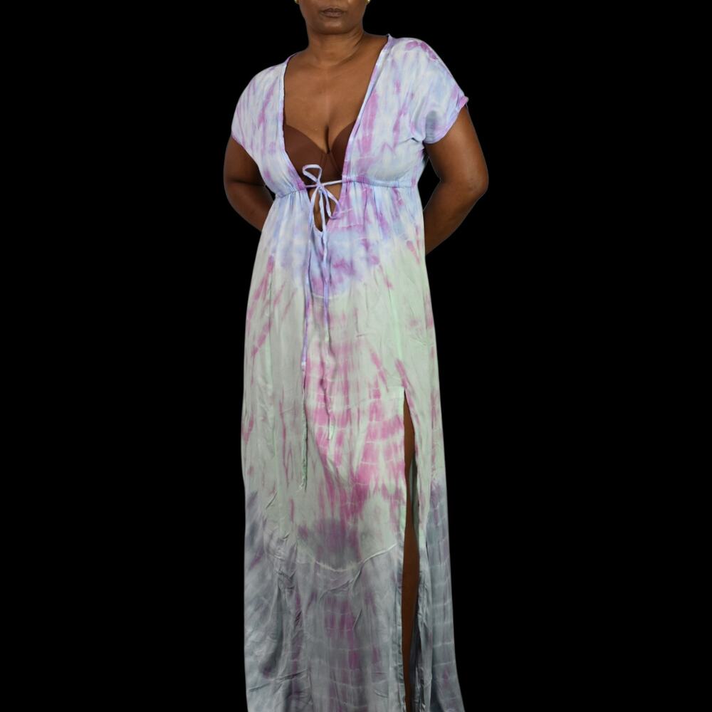 Pastel Tie Dye Maxi Swim Coverup Dress Blue Open Front Plunge Thigh Patio Small - Picture 10 of 14